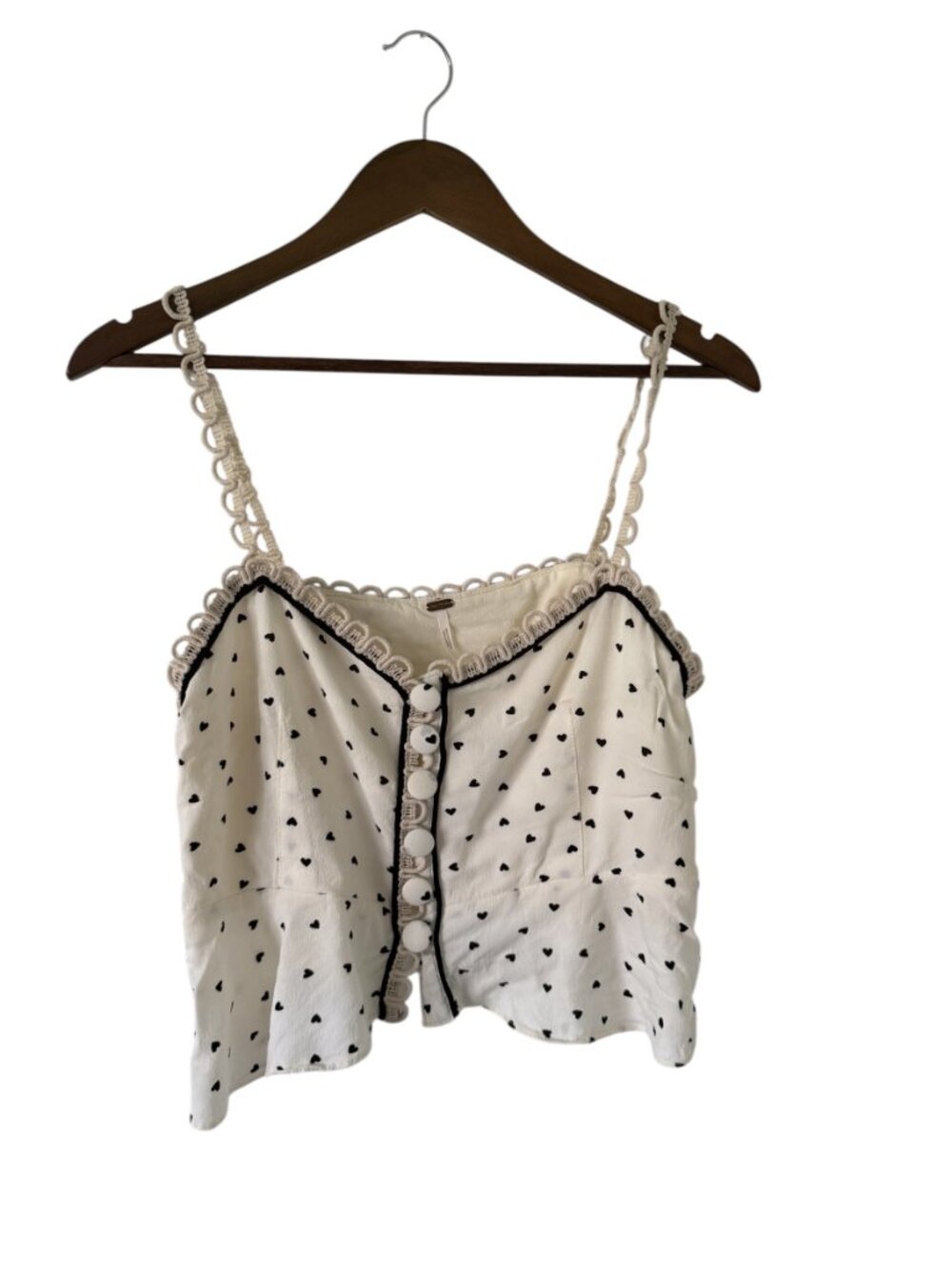 Free People Cropped Tank Top Blouse- Feminine/Flowy Cream/Mini Black hearts- M